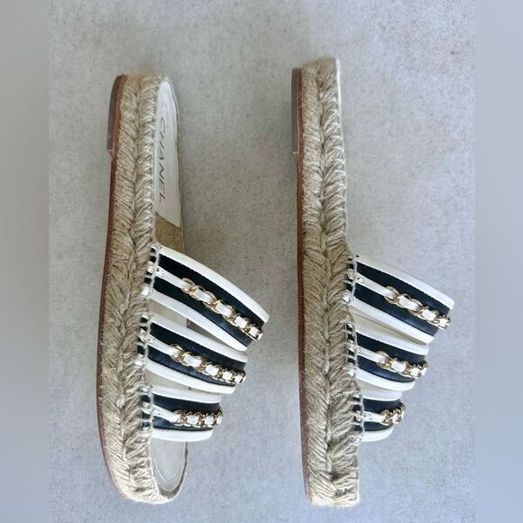CHANEL Chain Lambskin Espadrille Slip On Sandals  EU 37 US 6-6.5 Black & White - Picture 4 of 13